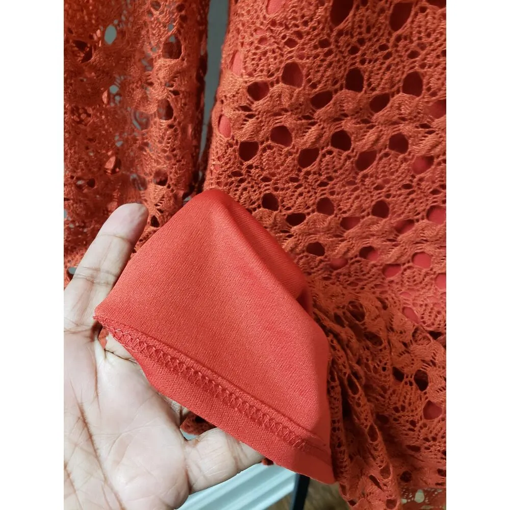 Basically Me Crochet Dress Womens Small Pink Lined Cotton Long Sleeve Round Neck - Image 5