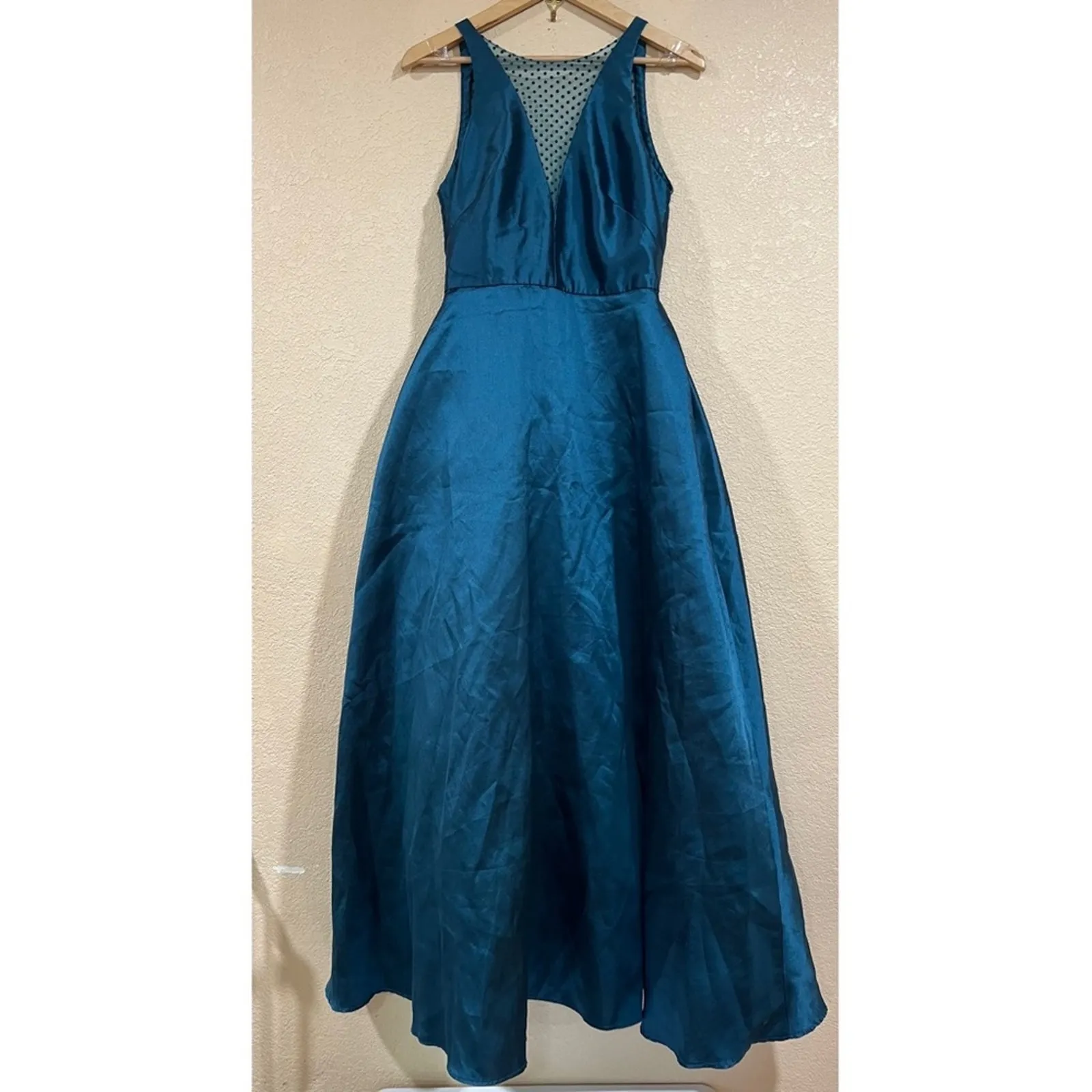 ML Monique Lhuillier Teal Mesh Polka Dot Ball Gown - Image 2