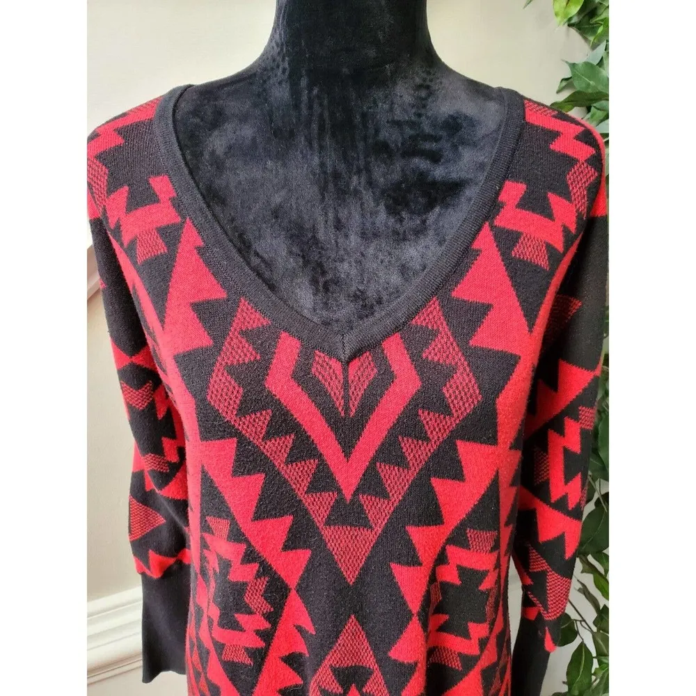 Audrey  Oversized Red & Black 100% Cotton Long Sleeve V-Neck Pullover Sweater L - Image 4