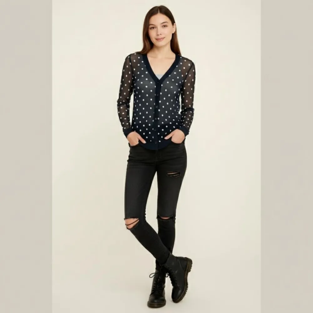 CHICO'S women polka dot mesh whimsy goth cardigan v-neck Sz XS stretching - Image 13