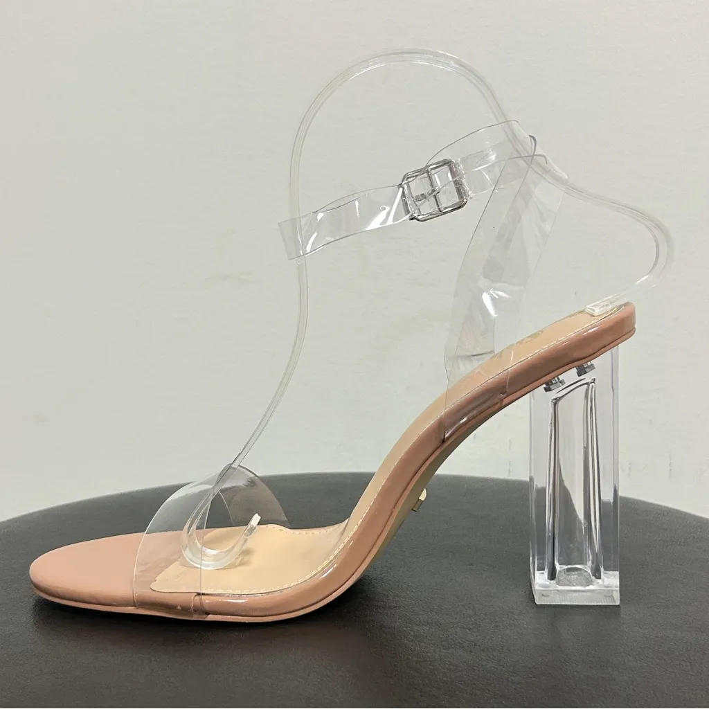 Shein Nude Beige Clear Chunky Block Heels Ankle Strap Buckle Open Toe 40 9 NIB - Image 4