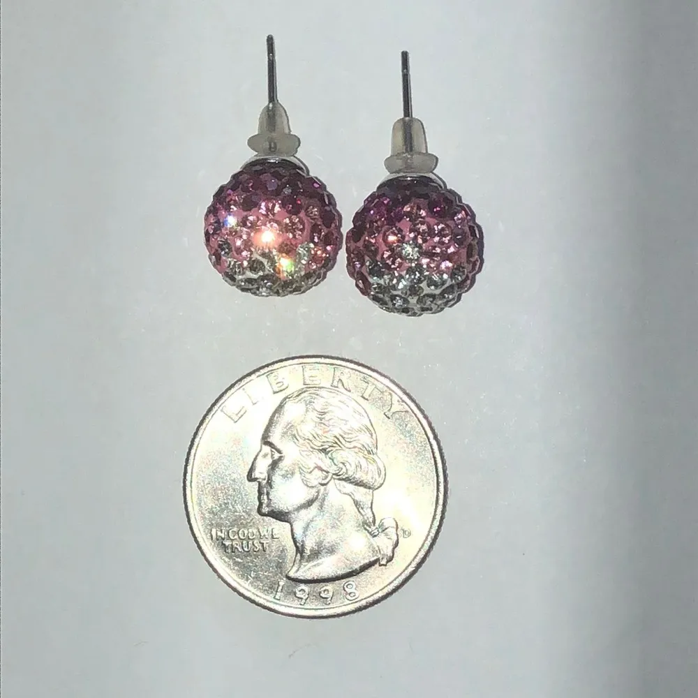 Pink Ombré and Silver Tone CZ Rhinestone Ball Stud Boho Earrings - Image 3