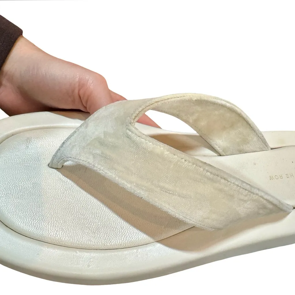 The Row Ginza Leather and Velvet Platform Flip Flops in Off White Sz:38/US8 - Image 12