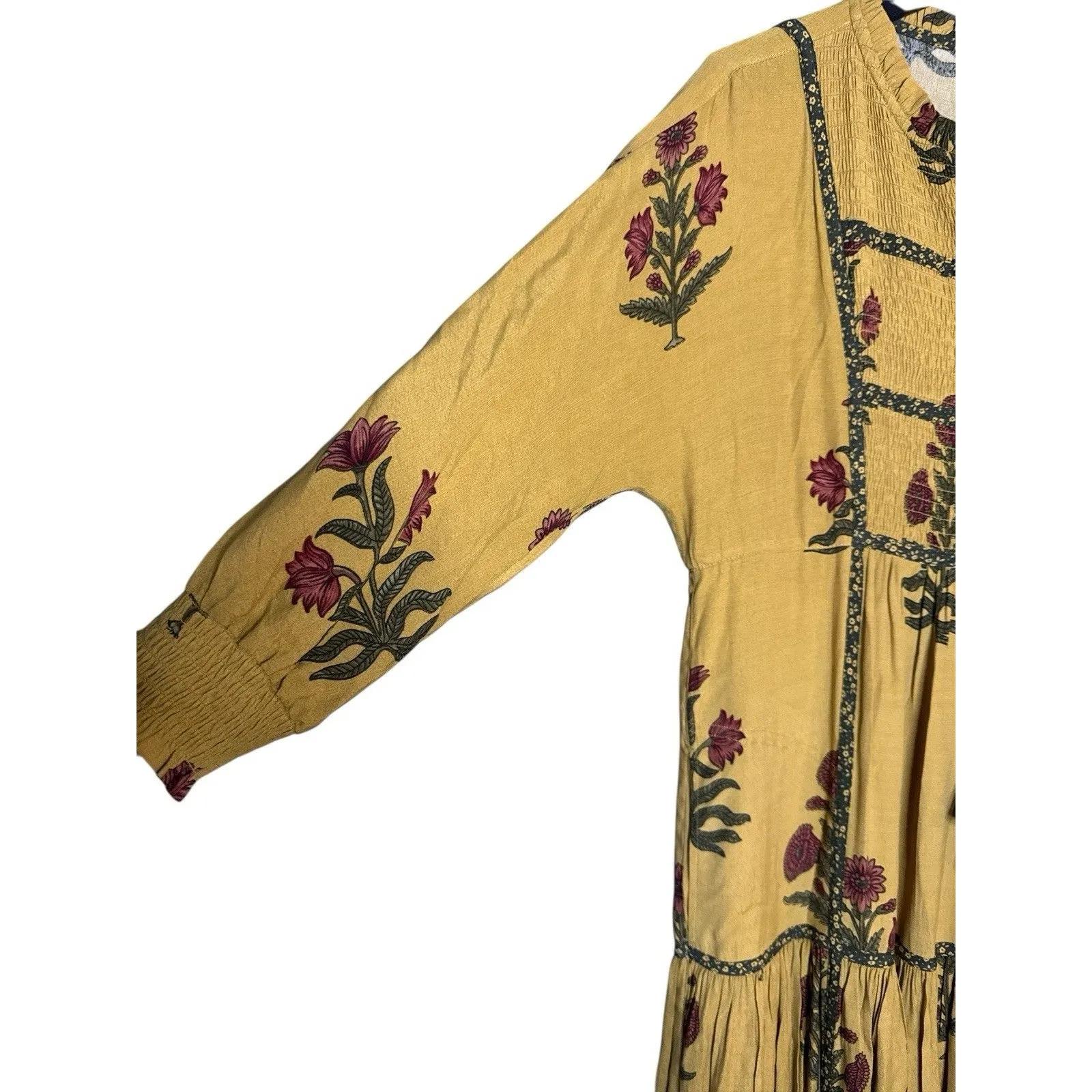 John Mark Boho Midi Dress Mustard‎ Floral Tassel Tie Peasant Style Small Cottage - Image 3