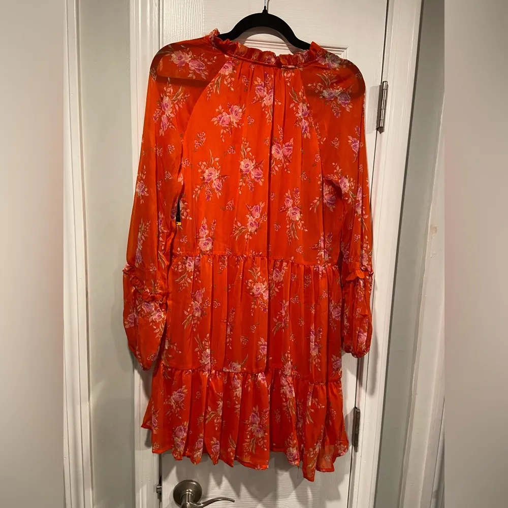 NWT Vince Camuto Size M Orange Floral Ruffle Flowy Long Sleeve Sheer Mini Dress - Image 8
