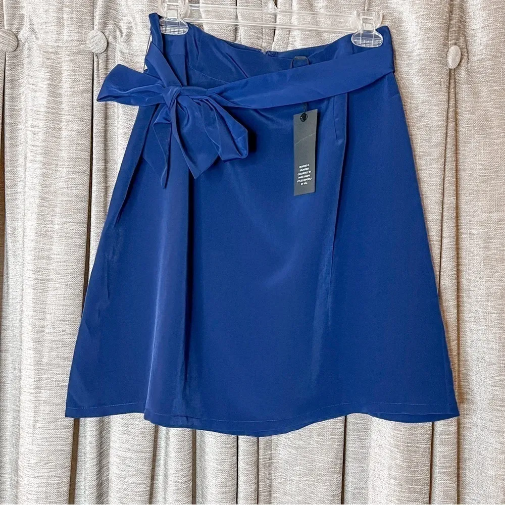 NWT Paris Sunday Blue Faux Tie Waist A Line Mini Skirt Size 8 - Image 3