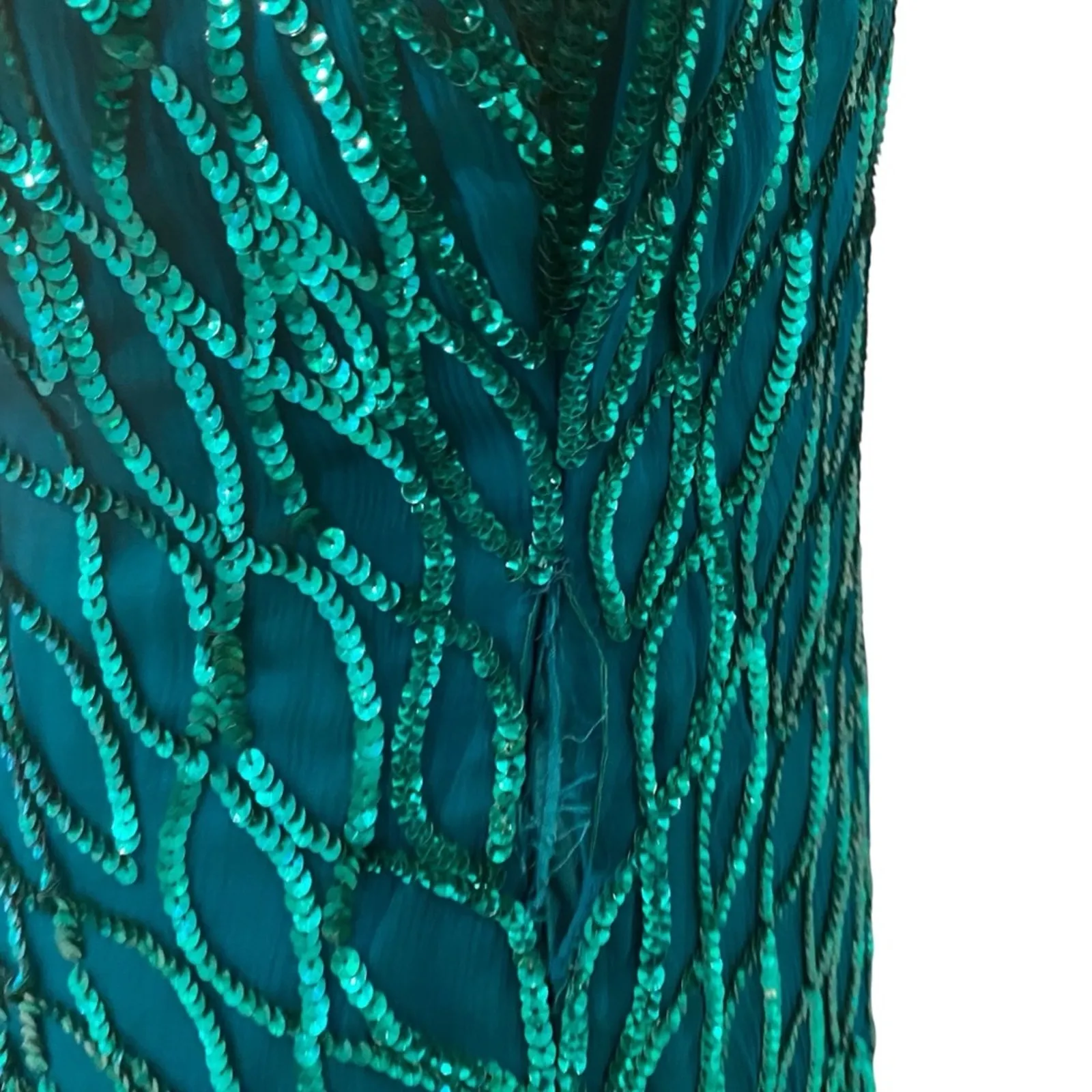 Vintage Womens Formal Dress Large Silk Sequin Long Maxi MCM Prom 20s Occasion Green Size M - Image 14