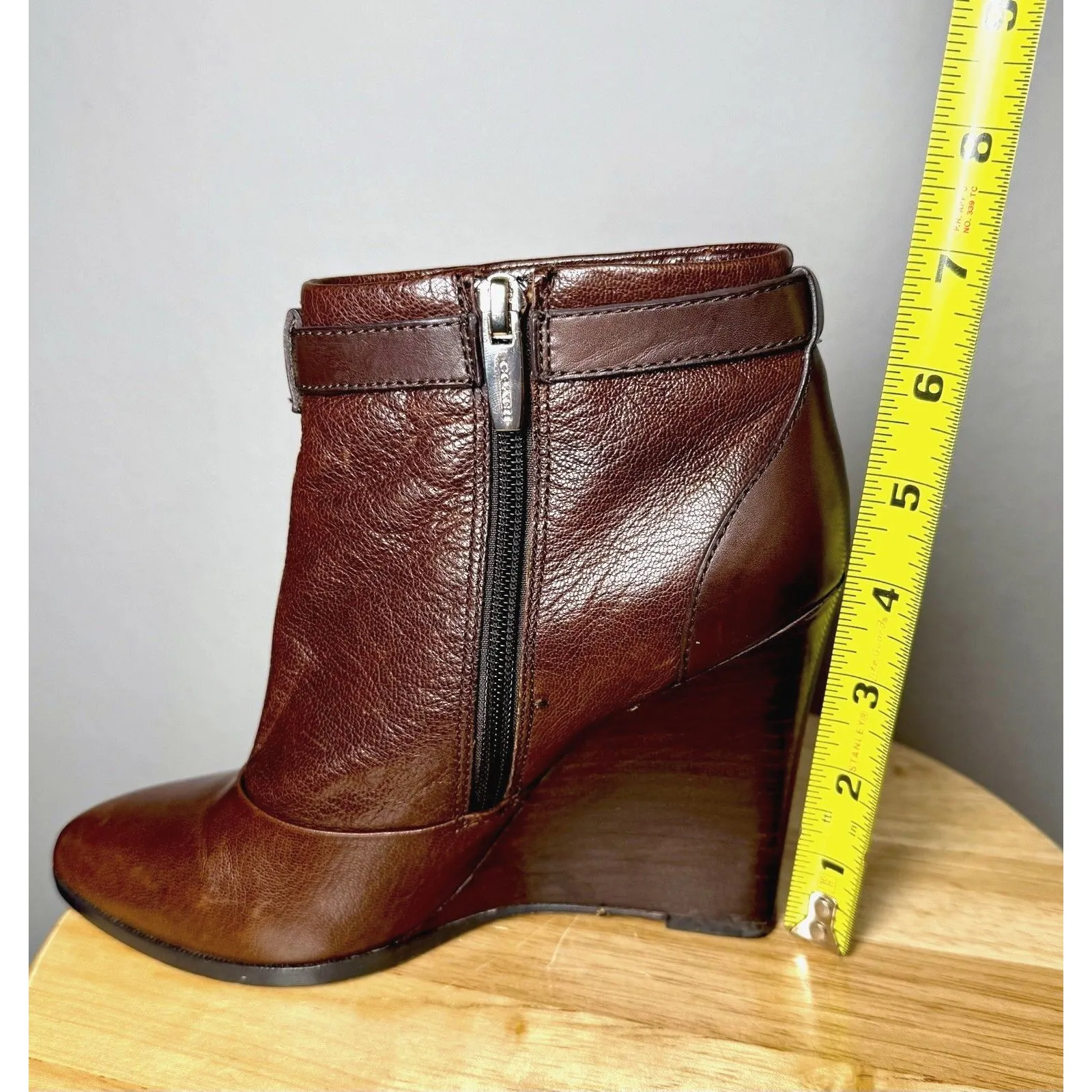 COACH Melody Leather Wedge Heel Almond Toe Ankle Boots Brown Zip Size 7B Booties - Image 13