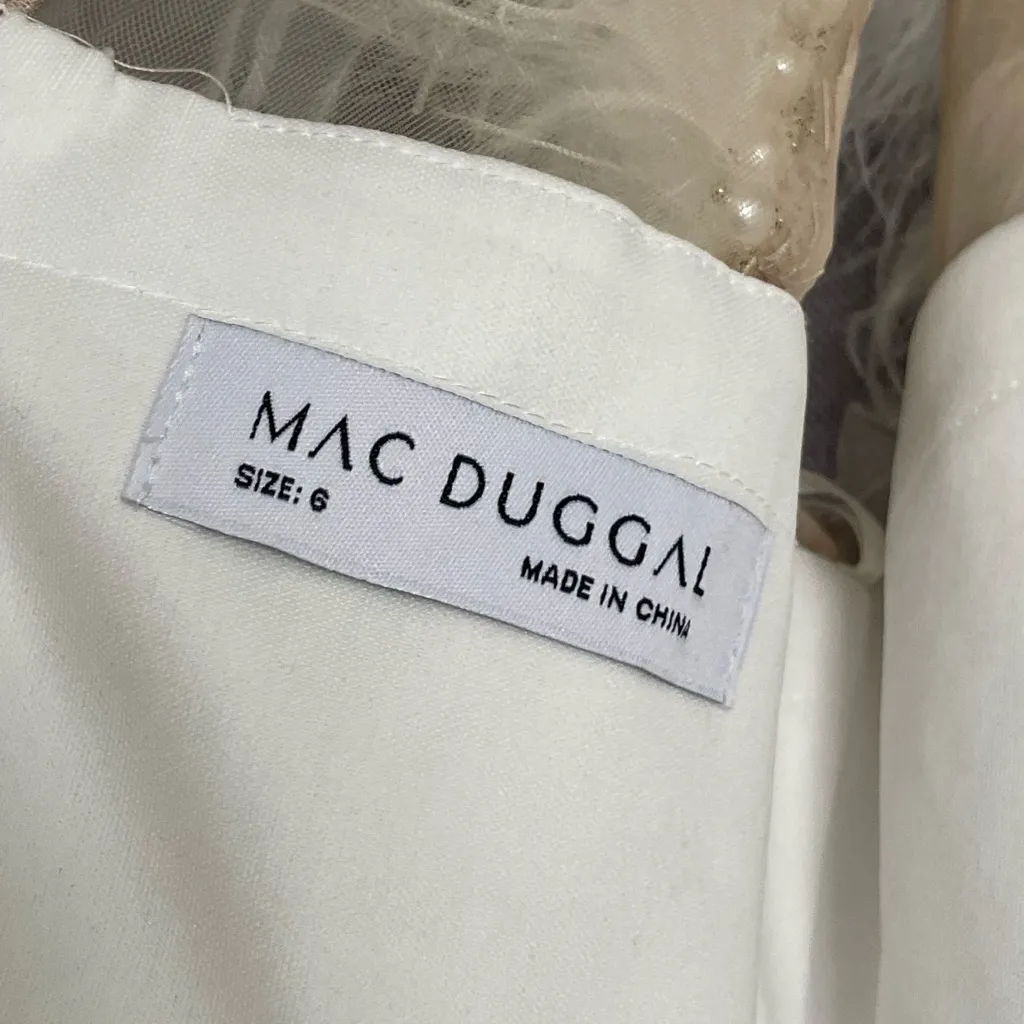 Mac Duggal White Feather Cap Sleeve Pearl Embellished Tea-length Fit Dress - Image 9