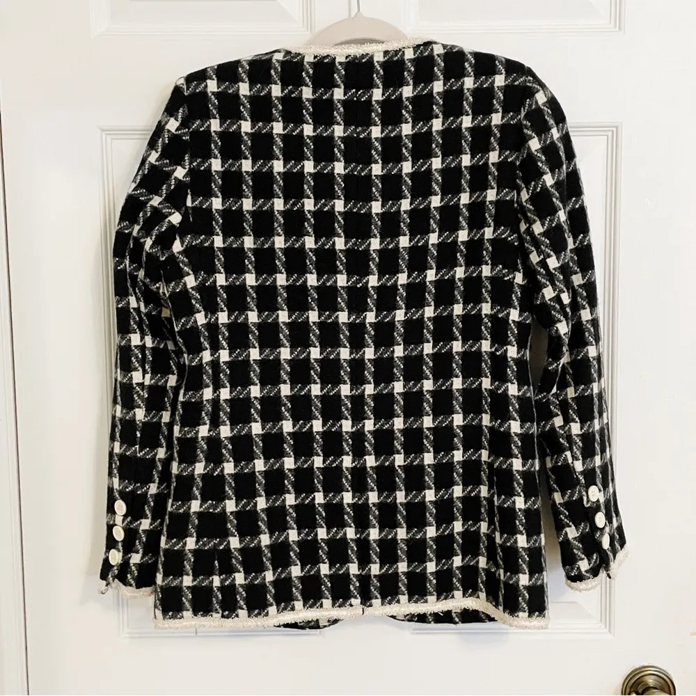 Japanese Kawaii Black White Houndstooth Minimalist Elegant Winter Blazer Jacket - Image 8
