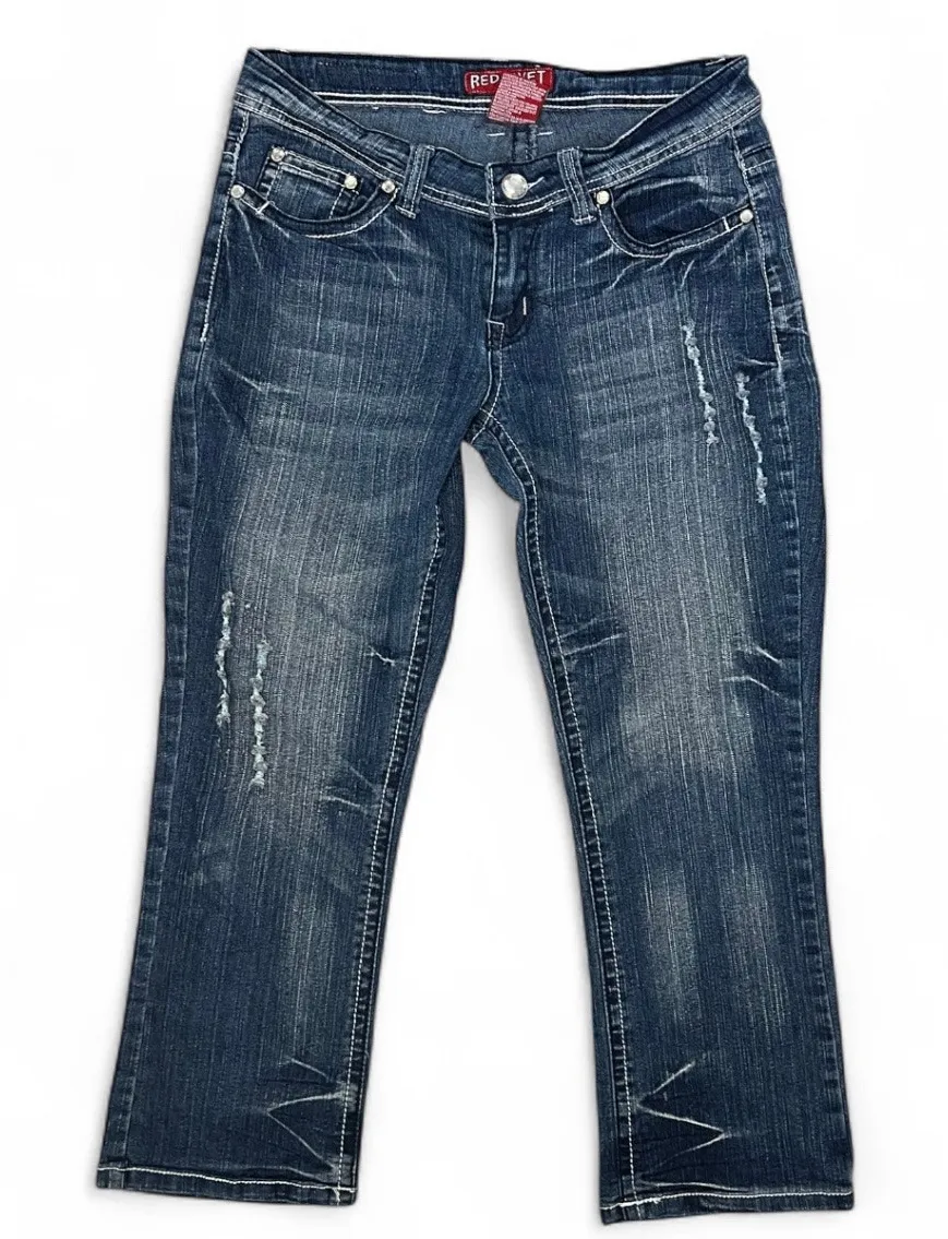 Y2K Red rivet jeans cropped fleur de lis pockets rhinestones vintage 2000s - Image 1