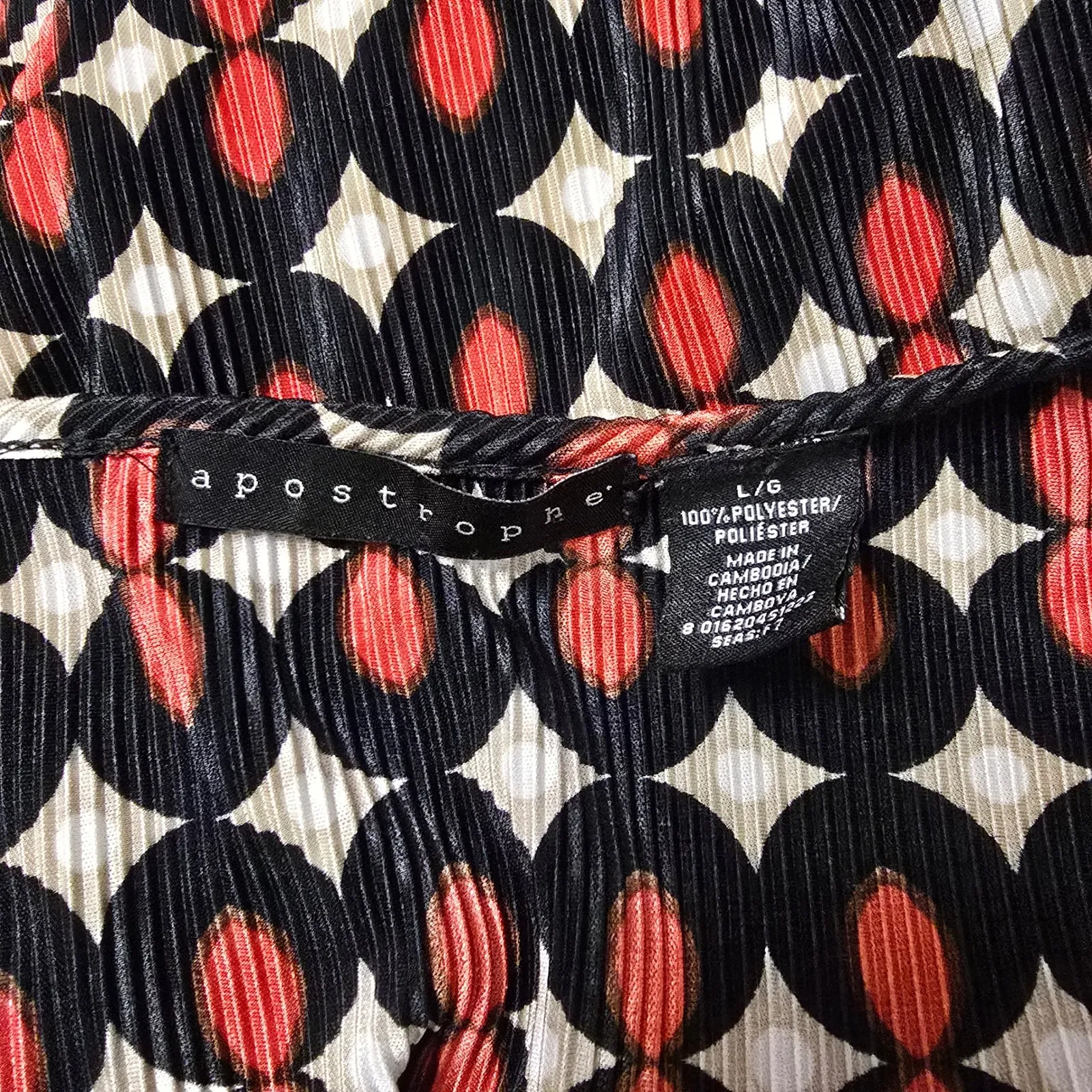 Apostrophe Red Black Geometric Plisse Pleat Long Sleeve V Neck Blouse Large Y2K - Image 6