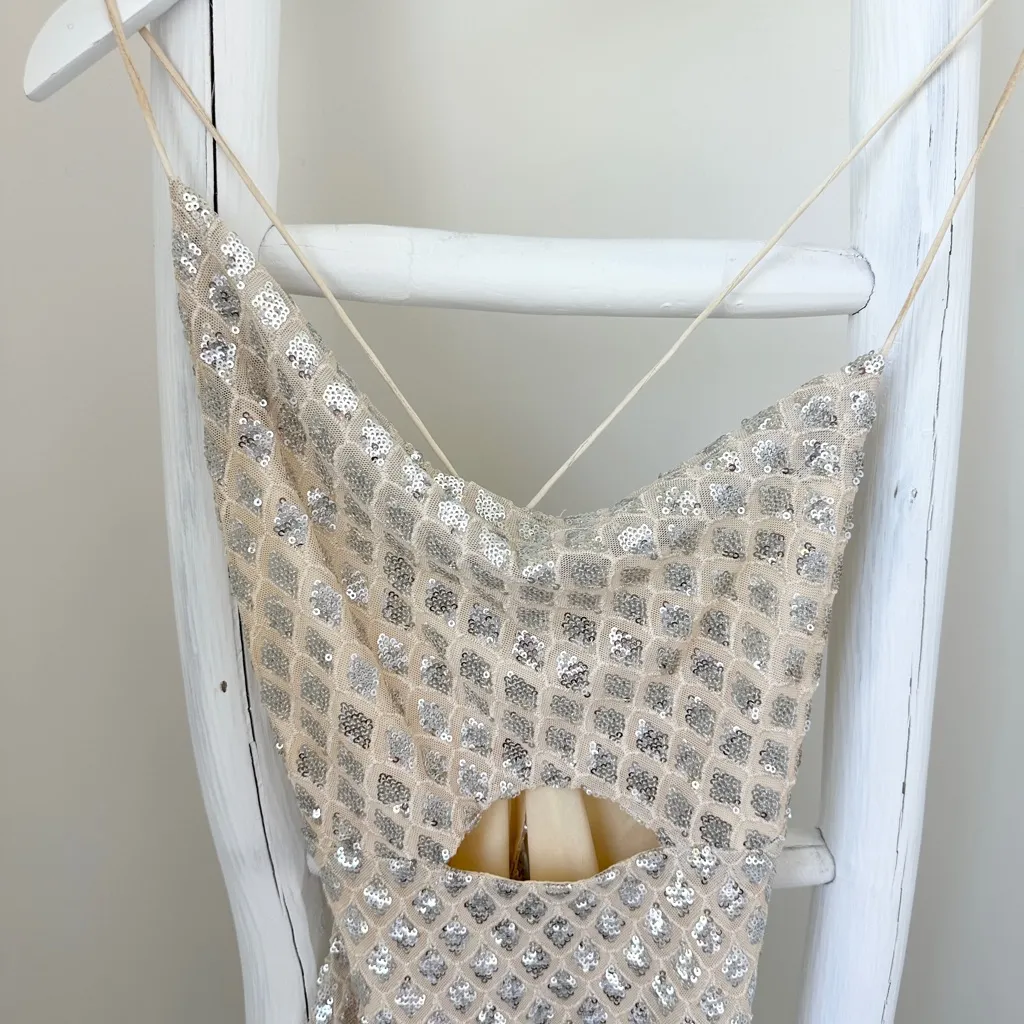 Saints & Secrets Asymmetrical Cowl Neckline Tie-Up Back Sequin Mini Dress Silver - Image 8