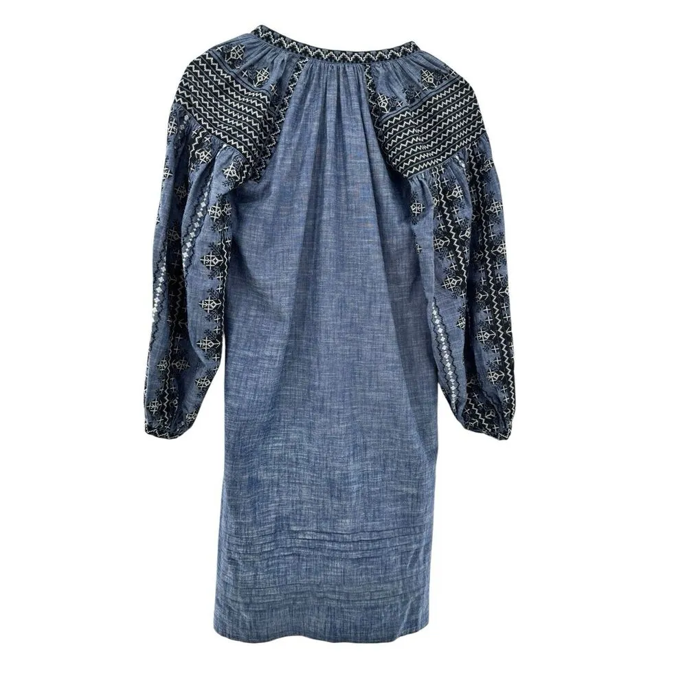 Anthropology Valiante Blue Denim Embroidered Button Up Shirt Dress Sz 0‎ Tassels - Image 6