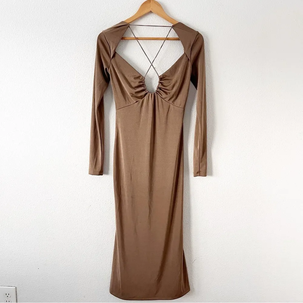 Jason Wu Engracia Open Back Midi Dress in Khaki Tan - Image 3