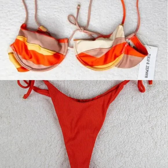 New! Set! Zulu‎ & Zephyr Free People Tie Curve Brief Bikini, size 10 Orange - Image 4