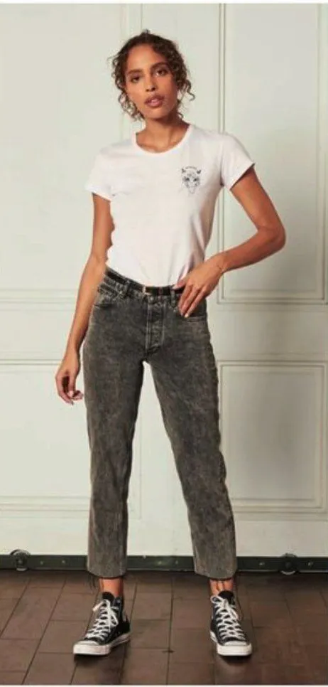 Boyish High Waisted Straight Leg Jean Raw Hem Button Fly Washed Black 26 - Image 1