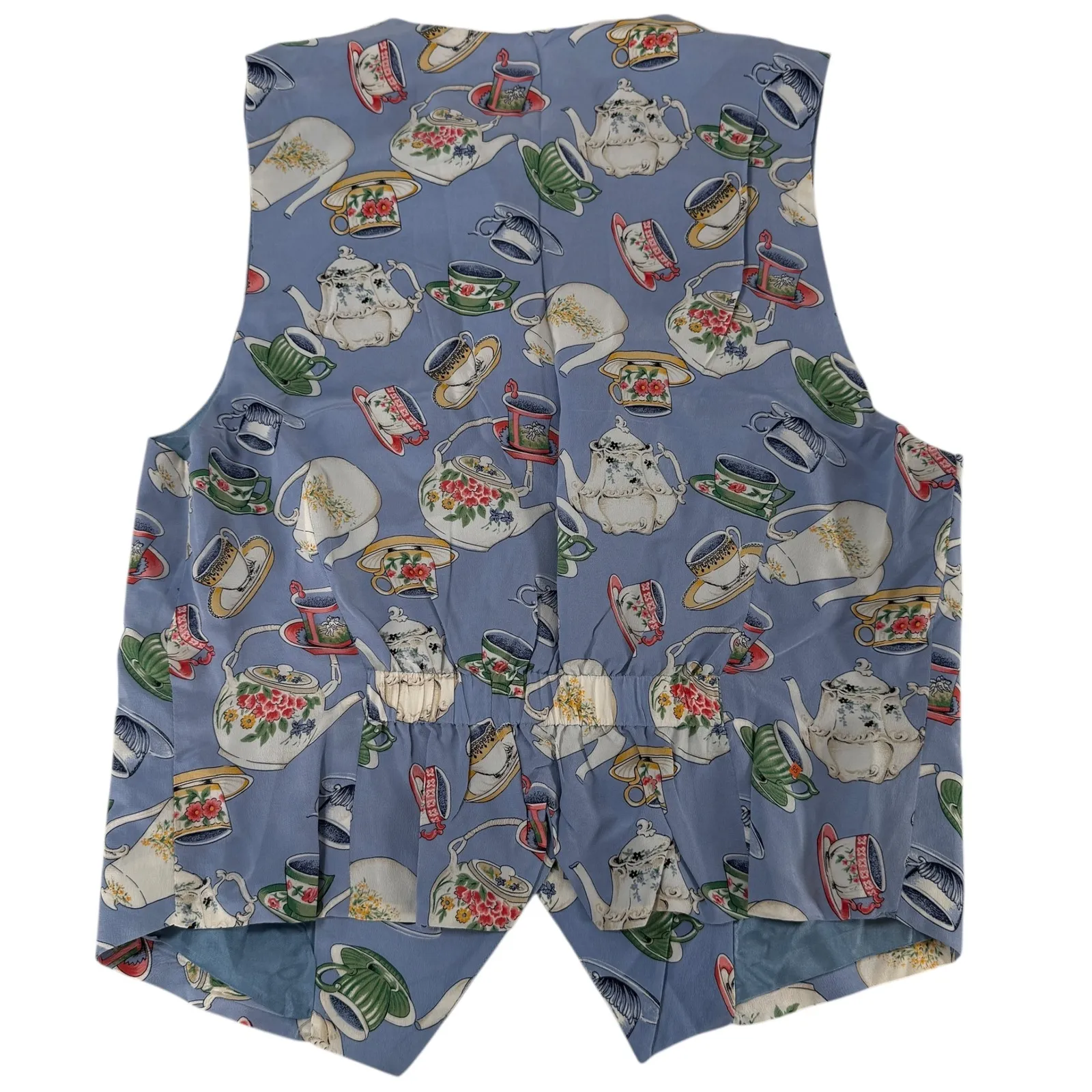 Vintage Casual Corner Women's Silk Tea Cup Teapot Print Vest Blue Size L Cottage Size L - Image 3