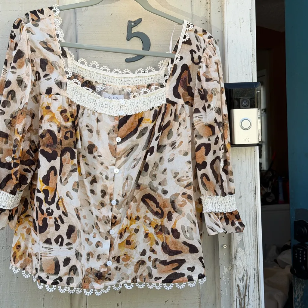 Cupio Leopard Print Blouse with Lace Trim 3/4 bell sleeves Size XL NWT - Image 16
