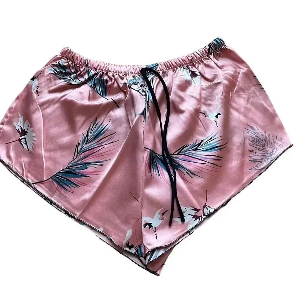 Bohemian Retro Plant Print Pajama Set, V Neck Cami Top & Short SZ L # 1636 Pink Size L - Image 8