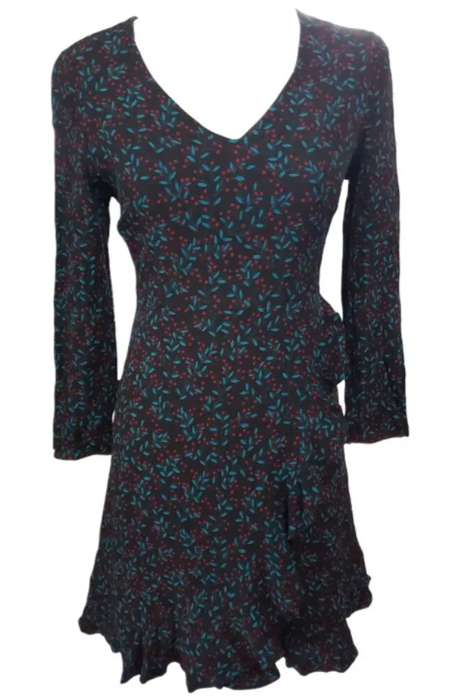 Draper James Berry, & Leaf Print Black, Burgundy, Teal V-Neck Womens Dress | 6 - Image 1