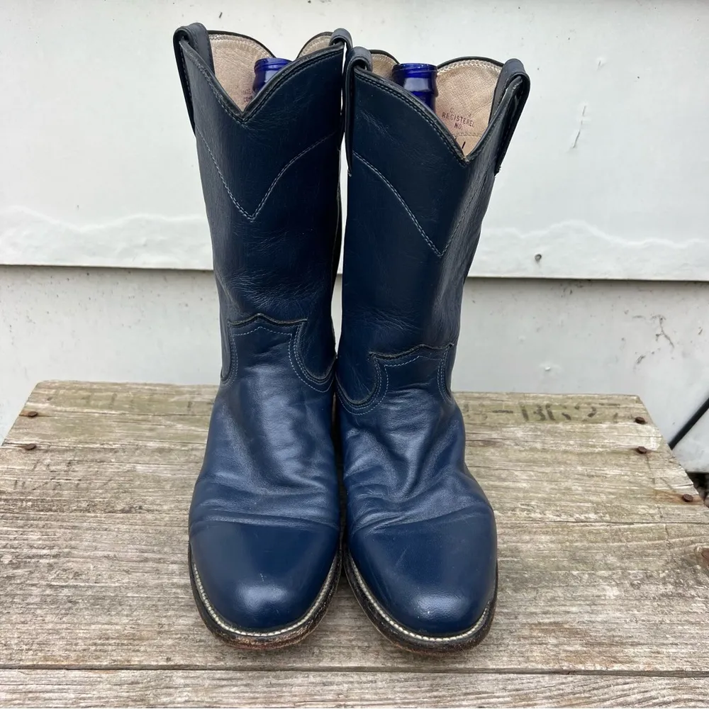 Vintage 90s Justin Roper Navy Blue Cowgirl Western Pull On Leather Boots 6 1/2B - Image 2