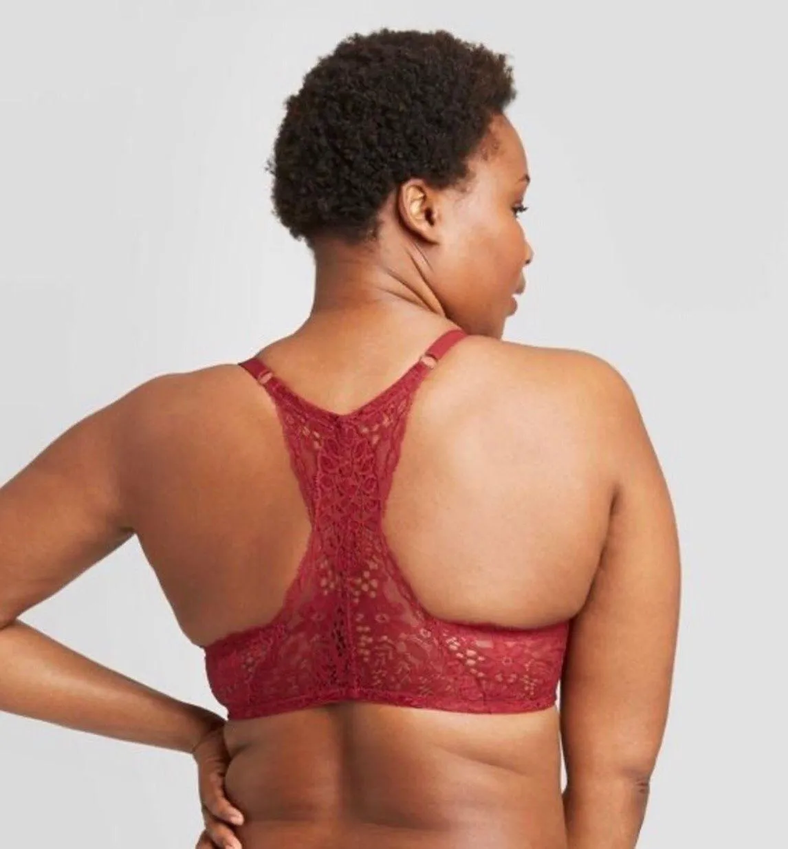 Plunge Coverage Push Up Racerback Bra Floral Lace Berry Red 34D - Image 2