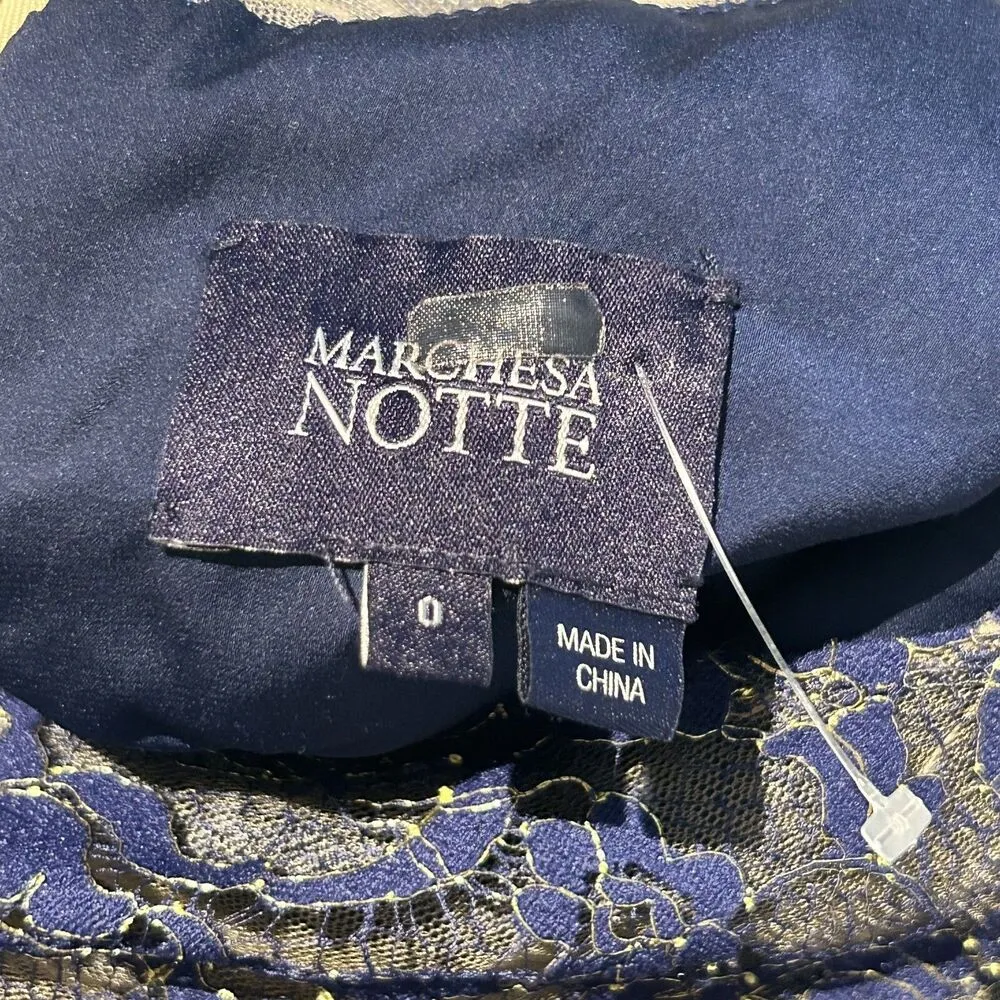 MARCHESA NOTTE Navy Blue Metallic Lace Dress size 0 XS Formal Gown Wedding - Image 3