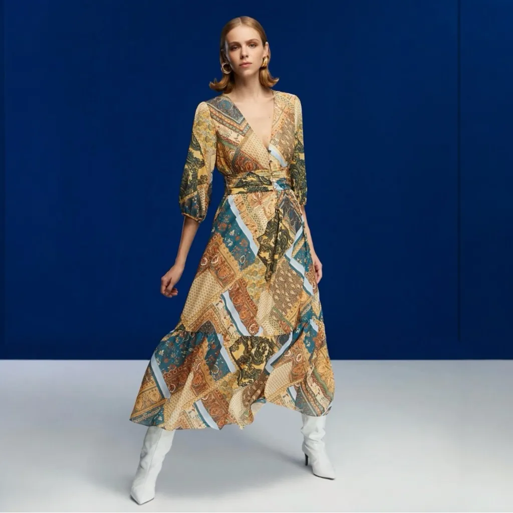 Nocturne Boho Print Long Sleeve Plunge Tiered Maxi Dress | Prairie Cottagecore Size M - Image 12