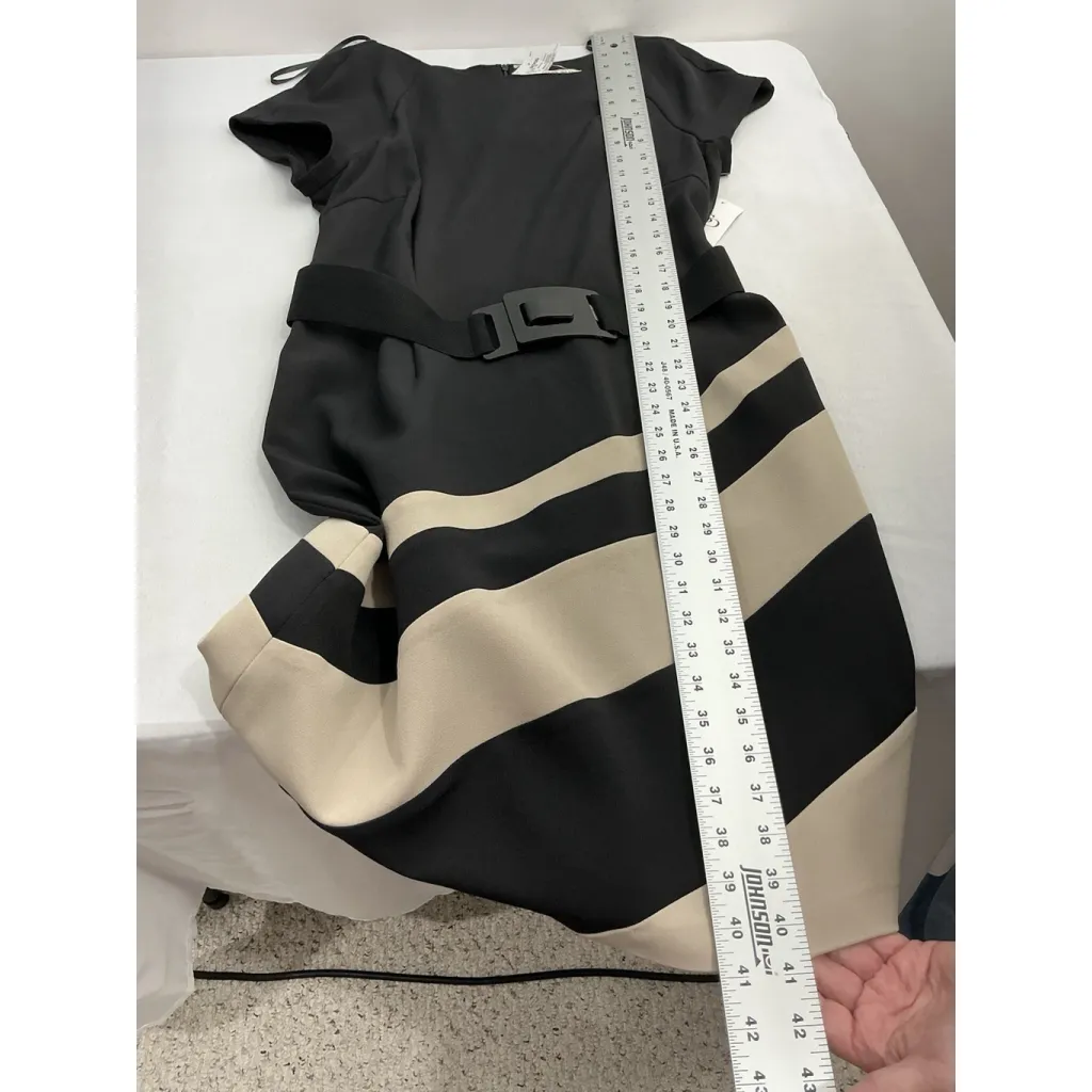 Womans Sandra Darren Fit & Flare Midi Dress 16 Black Beige Cap Sleeves Belt NWT - Image 8