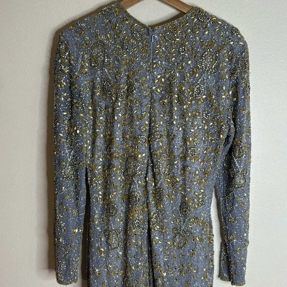 Mac Duggal 5308 Elegant platinum long-sleeved evening gown adorned beading 14 - Image 9