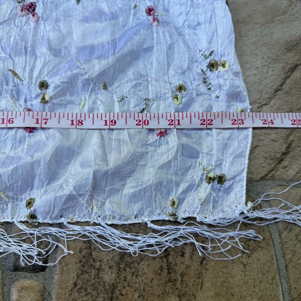 White Taffeta Embroidered Scarf 64"×24” Floral Gold & Red With Eyelash Fringe - Image 6