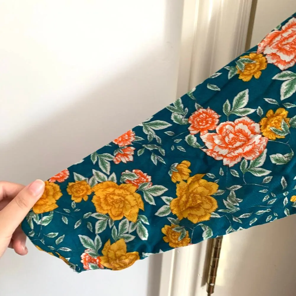 Zara Floral Long Sleeve Romper in Green with Velvet Tie - Image 6