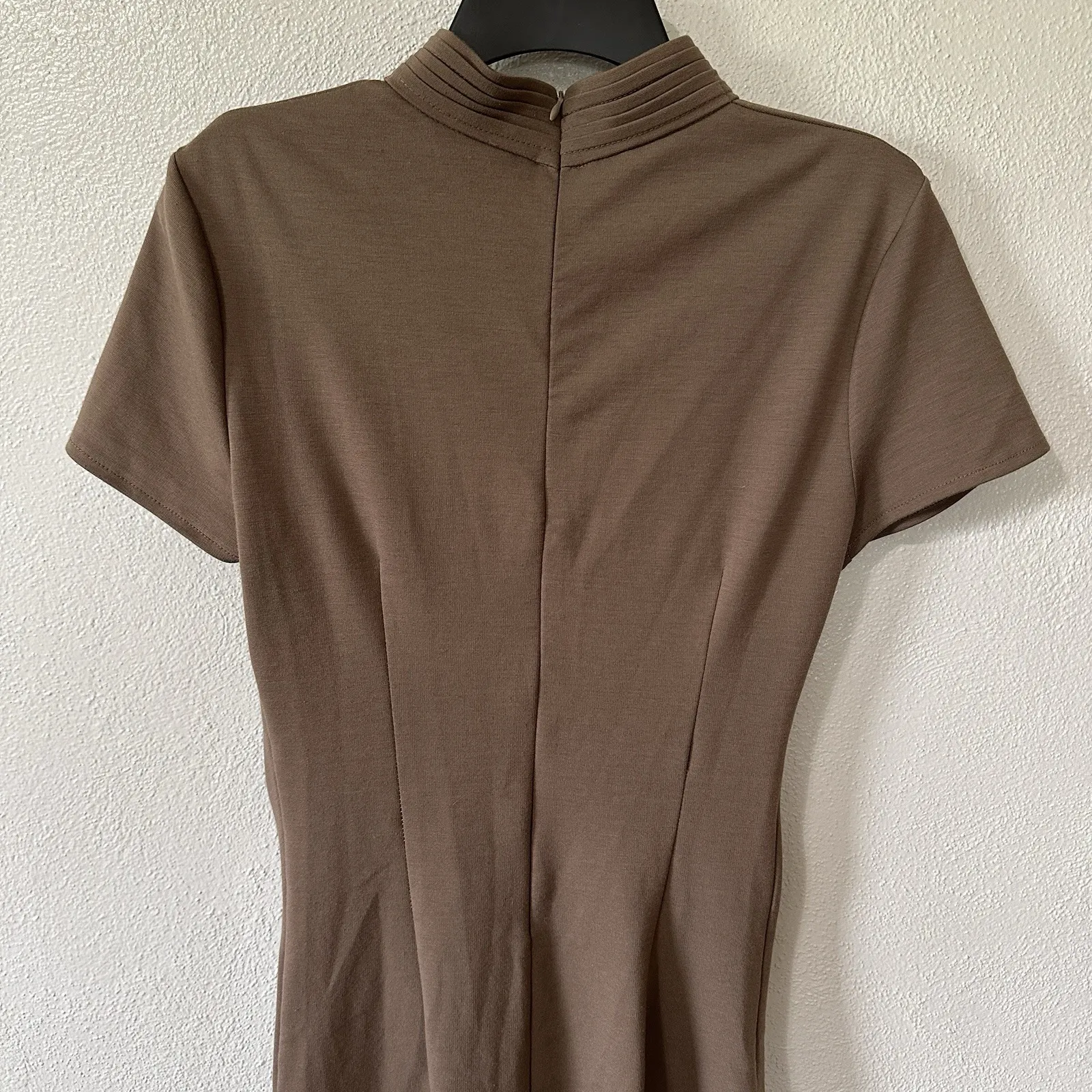 Pana High Mock Neck Ruched Front Knee Length Dress Brown Contemporary Minimal Size 2 - Image 4
