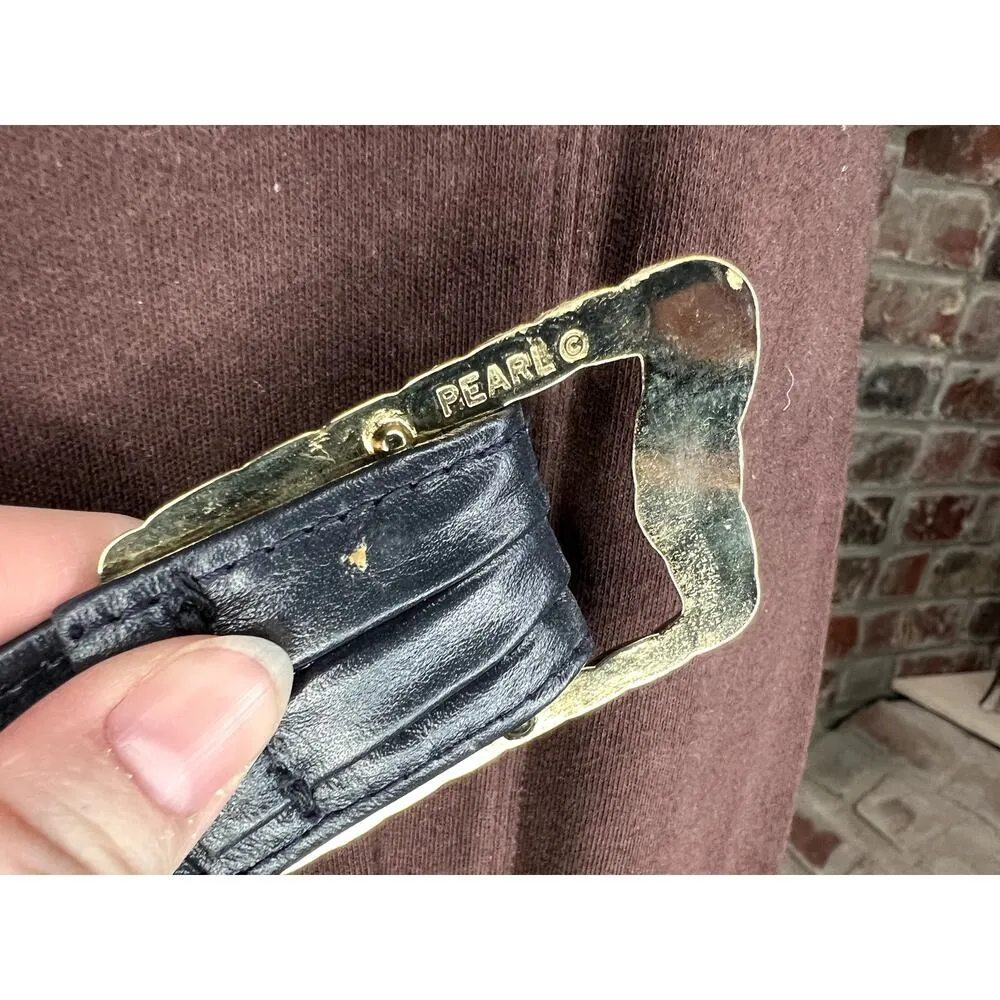 Cinch belt navy blue goldtone clasp 1980s signed pearl - Image 9