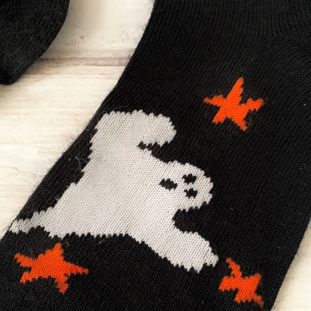 Halloween Ghost Crew Socks Unisex OS Adult Black Orange - Image 2
