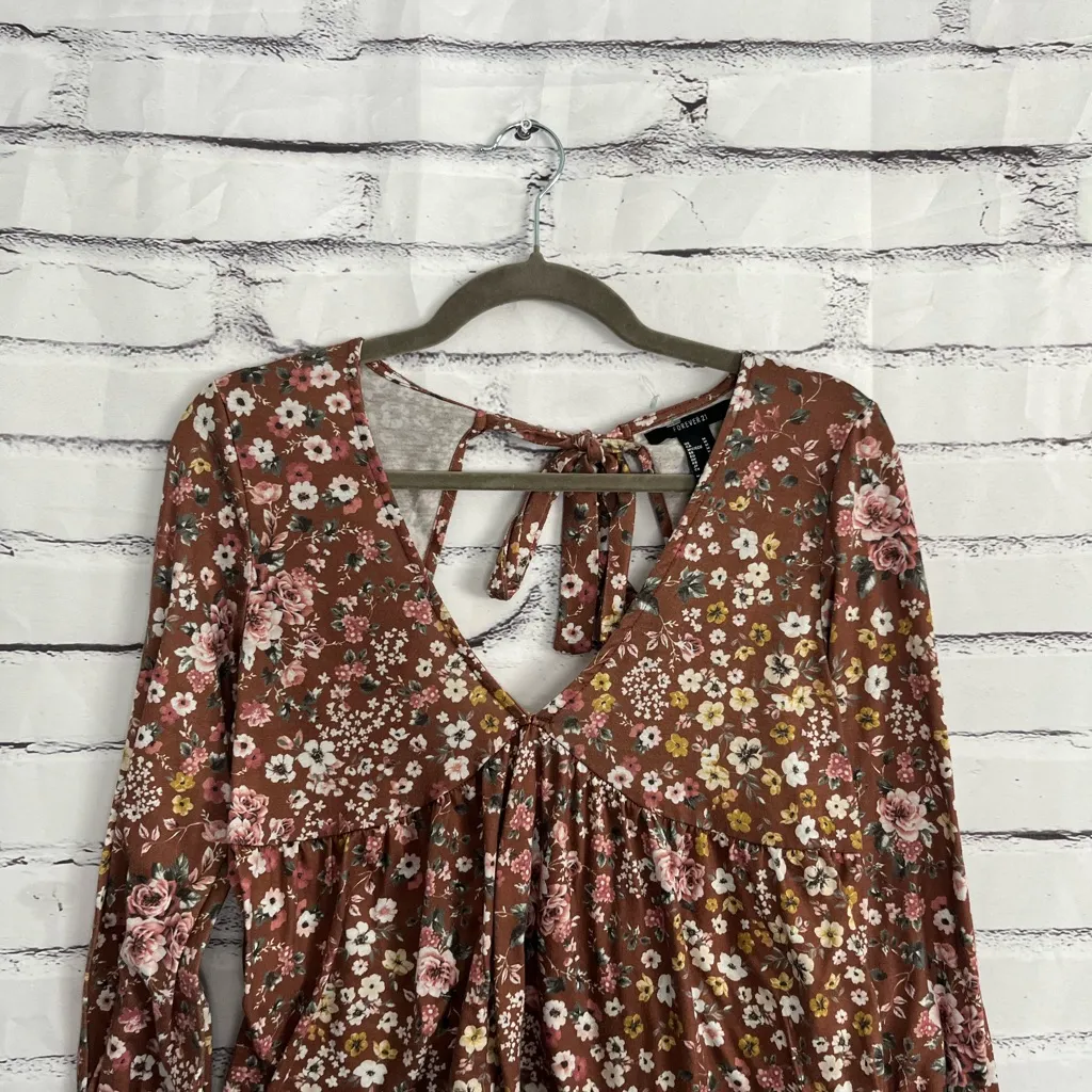 Forever 21 Brown Floral Boho Blouse Women’s M Long Sleeve Tie Back Peasant Top - Image 5