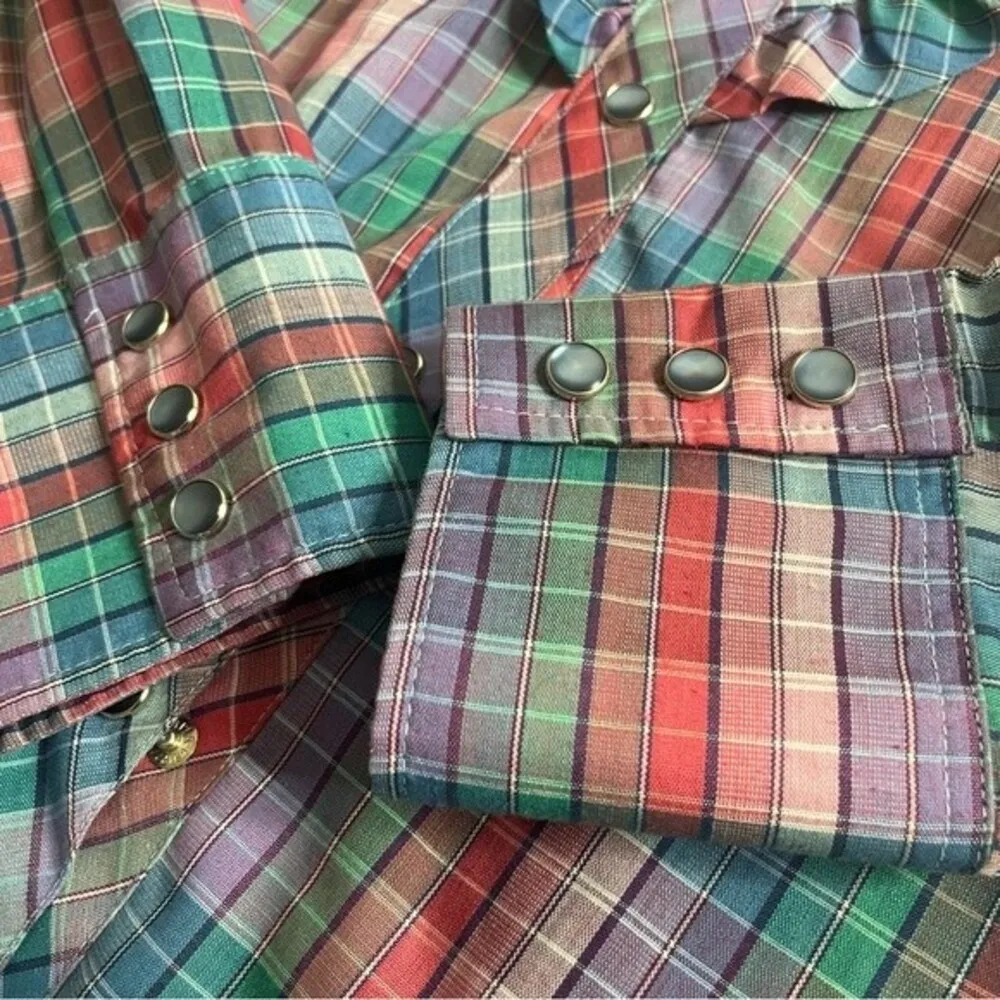 WRANGLER Authentic Western Shirt For Females Plaid Pink Blue Vintage 70s Ruffled - Image 10