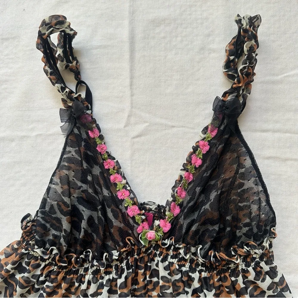 Betsey Johnson Leopard Cheetah Print Babydoll Sheer Lingerie Dress Size Medium - Image 2