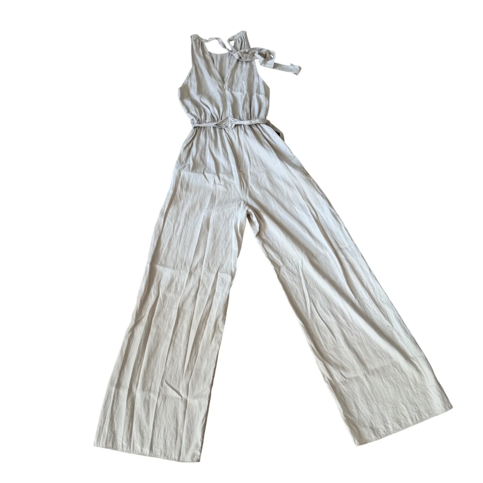ZARA Wide Leg Halter Neck Jumpsuit Beige Linen Blend Tie Waist Belted - Image 2