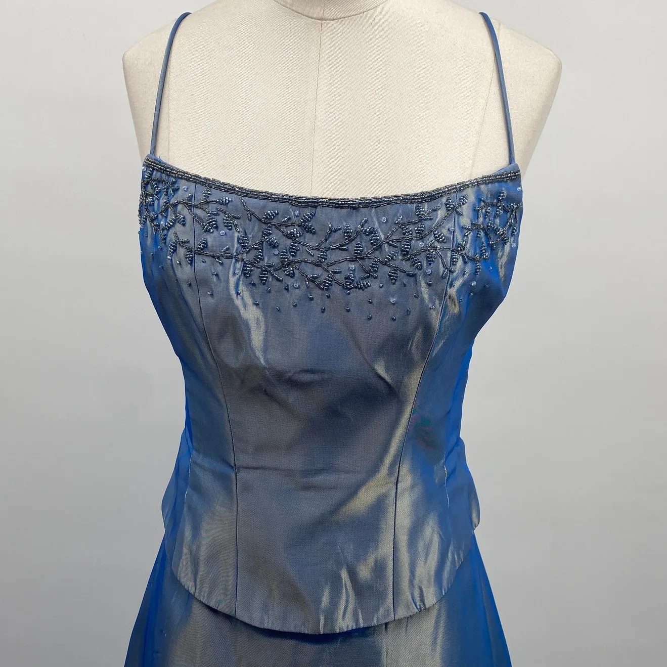 Vintage Y2k Iridescent Fairy Princess Gown Beaded Neckline Maxi Blue Gray XS - Image 2