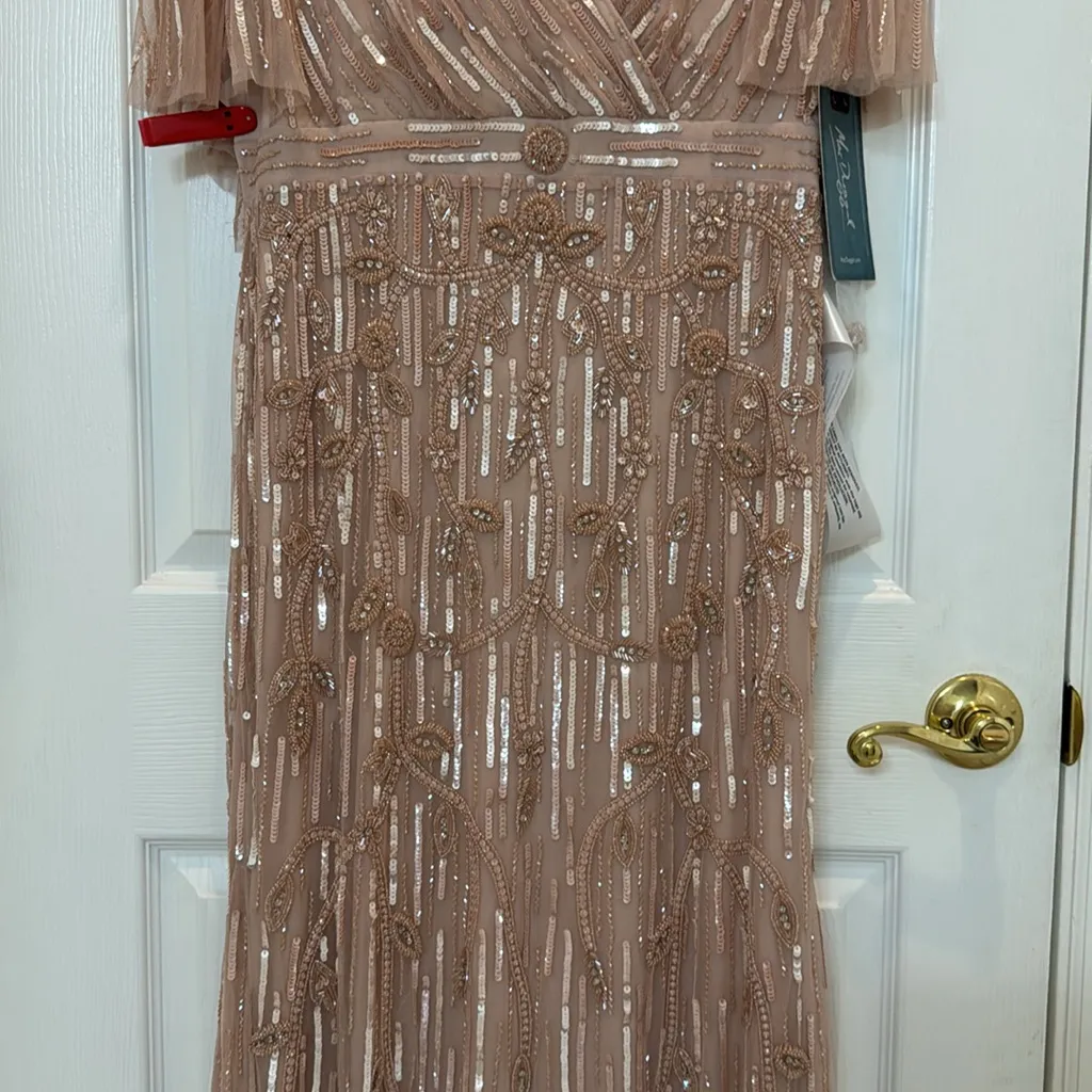 NWT Mac Duggal 9064 Pink Embellished Cap Sleeve Faux Wrap Trumpet Gown Size 10 - Image 6