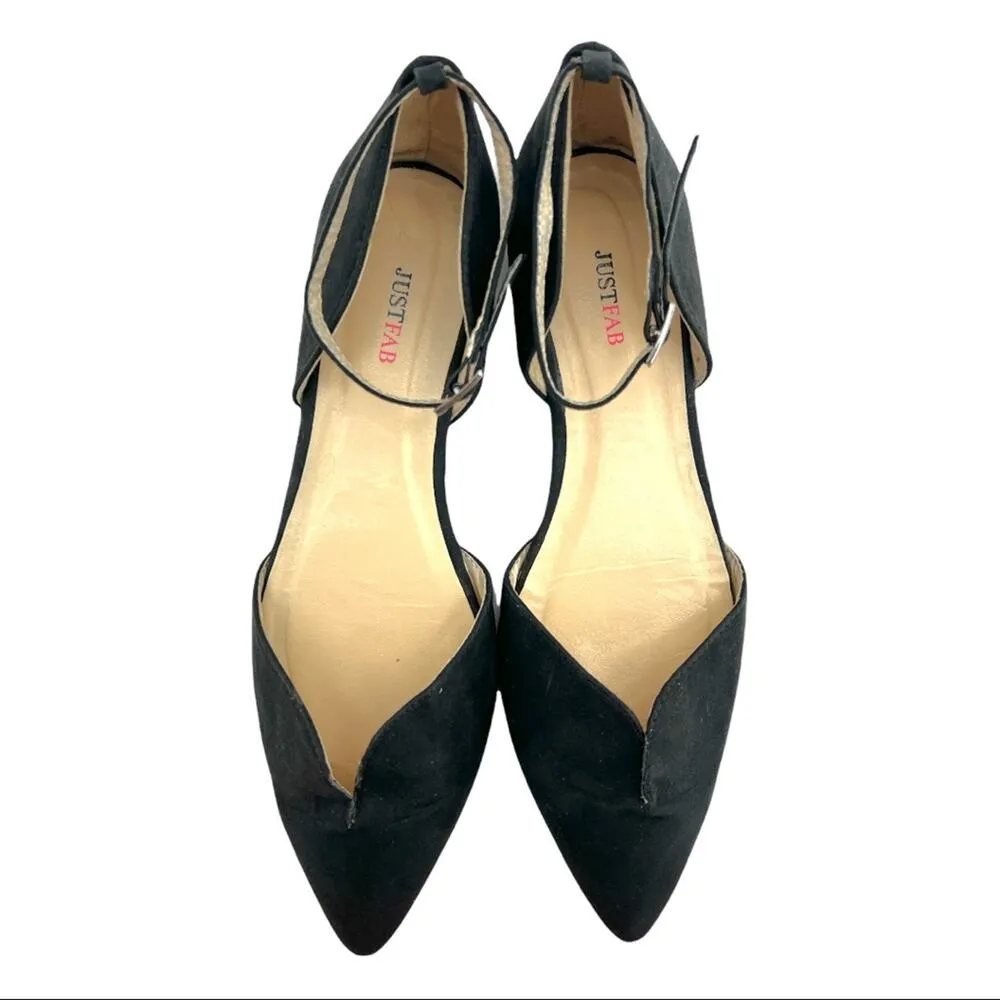 JustFab (6.5) Meena Black faux Suede Pointed Toe Ankle Strap D’Orsay Flats Shoes - Image 6
