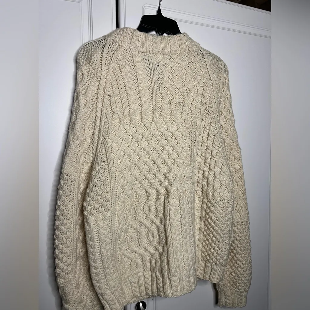 Carraig Donn Irish Wool Cableknit Aran full zip Sweater White Size M - Image 7