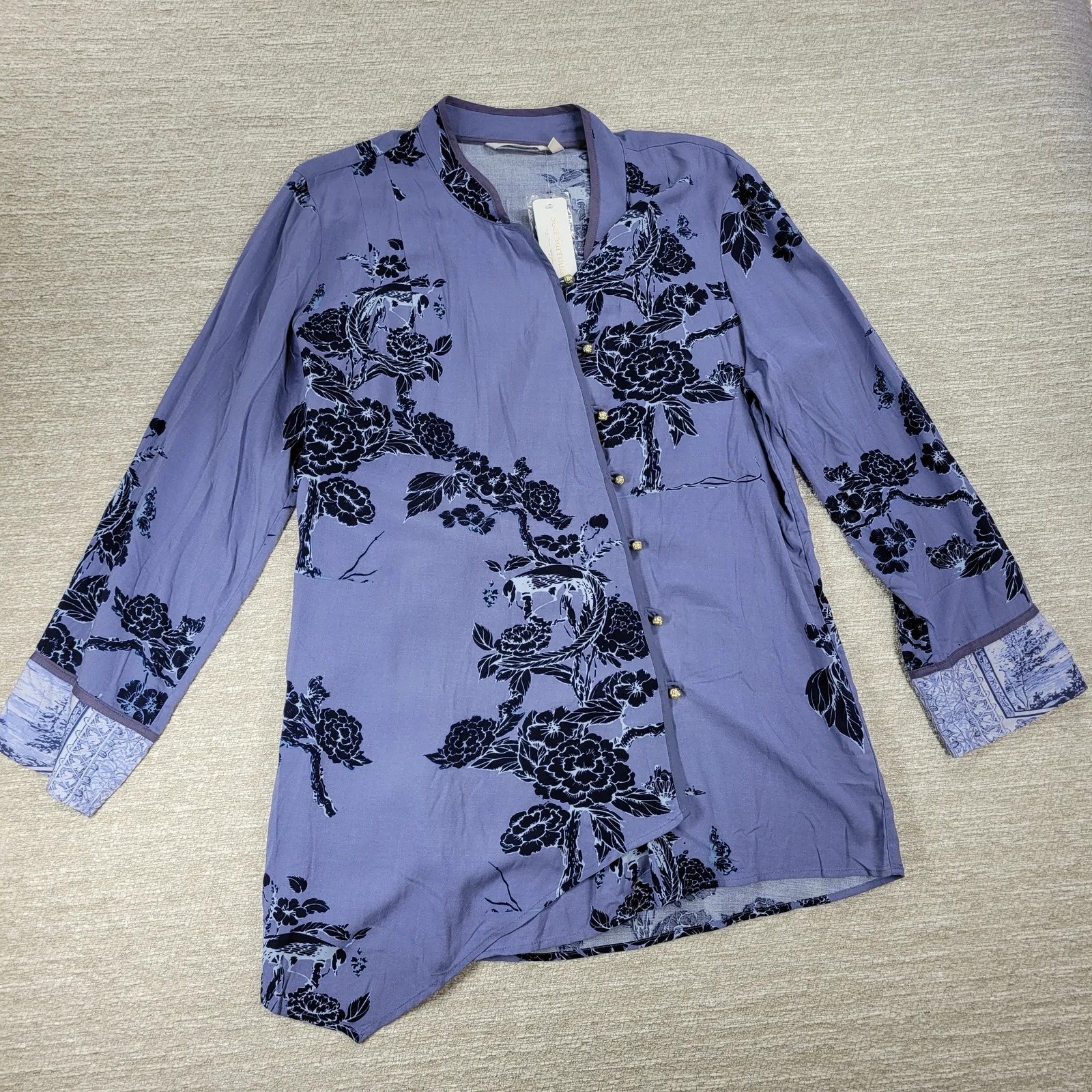 Soft Surroundings Tranquil Blooms Kimono Shirt XL Blue Floral Velvet Burnout New - Image 5