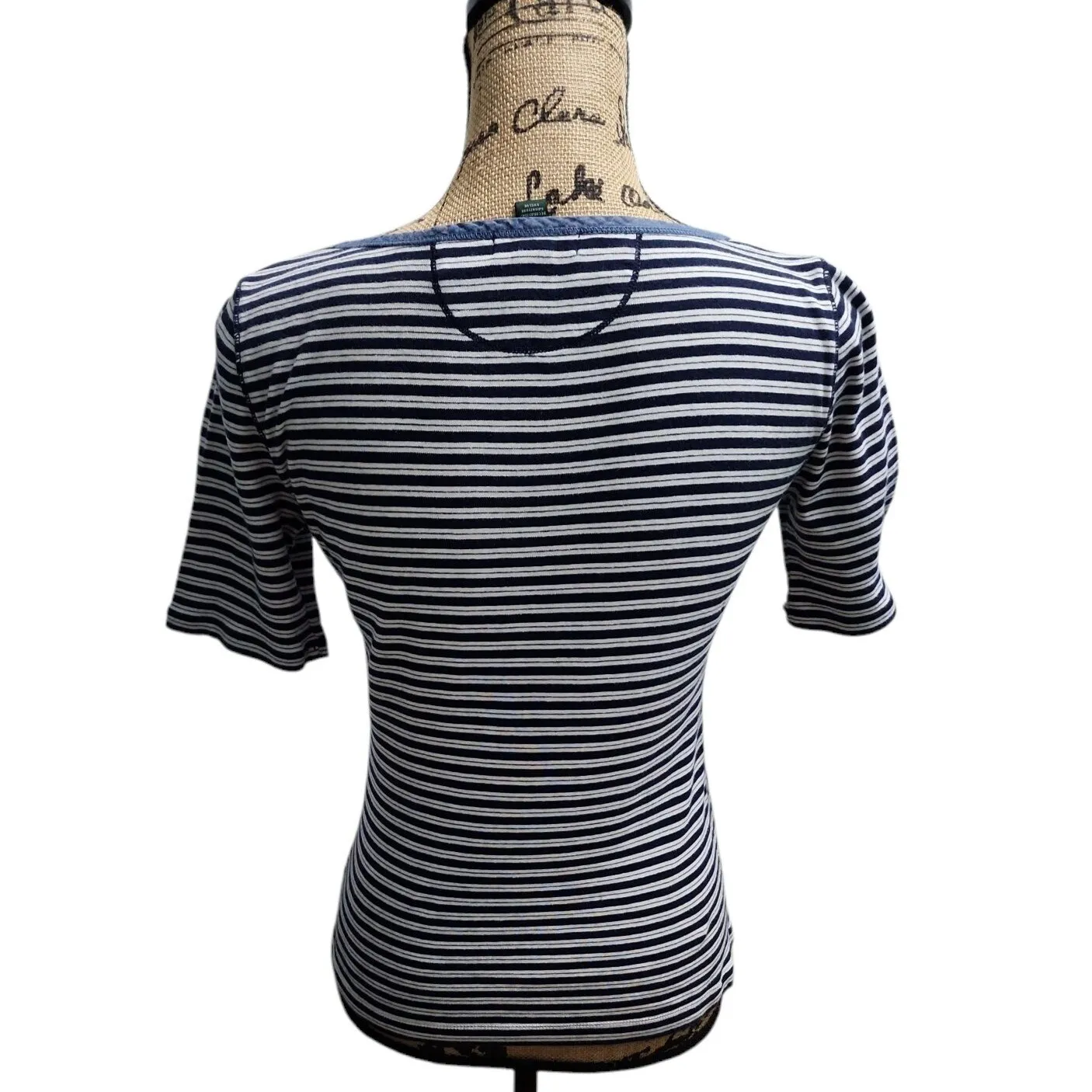 LRL Ralph Lauren Striped Top‎ Denim Trim Casual Tee Shirt Small - Image 3