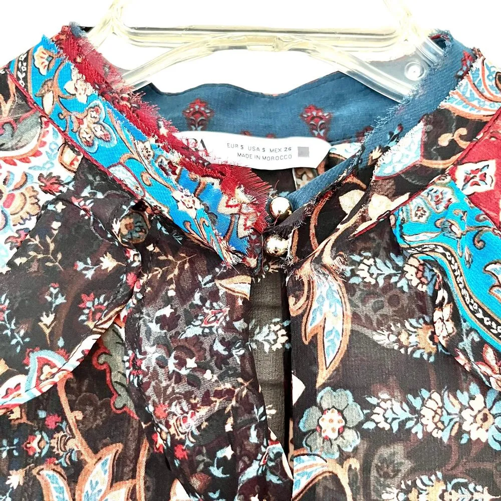 Zara semi cheer chiffon multicolored patchwork print ruffled blouse size S - Image 7