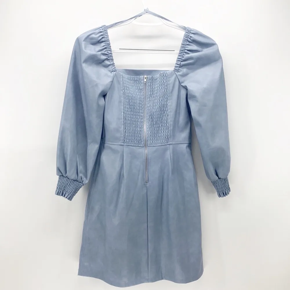 7 For All Mankind faux leather puff sleeve square neck ruched zipper back blue - Image 9