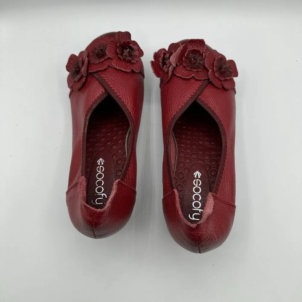 Socofy Womens US 6 (235) Red Art To Wear Leather Floral Boho Eclectic Heels - Image 5