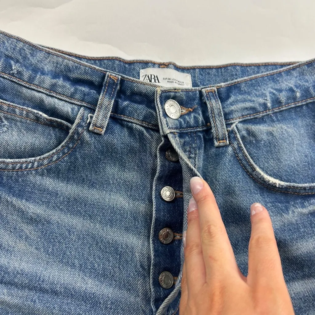 Zara Blue Distressed Denim High Rise Button Fly Cutoff Shorts 4 - Image 3